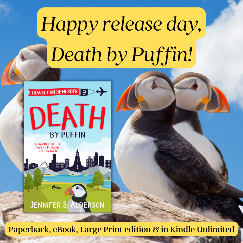 Death by Puffin cozy murder mystery set in Iceland now available as eBook, paperback, large print, and in Kindle Unlimited.